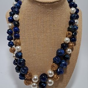 Vintage Blue Gold Pearl Necklace